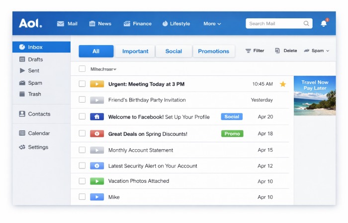 aol inbox with filters screenshot