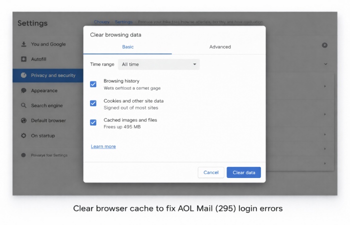 aol mail 295 fix by clearing browser cache