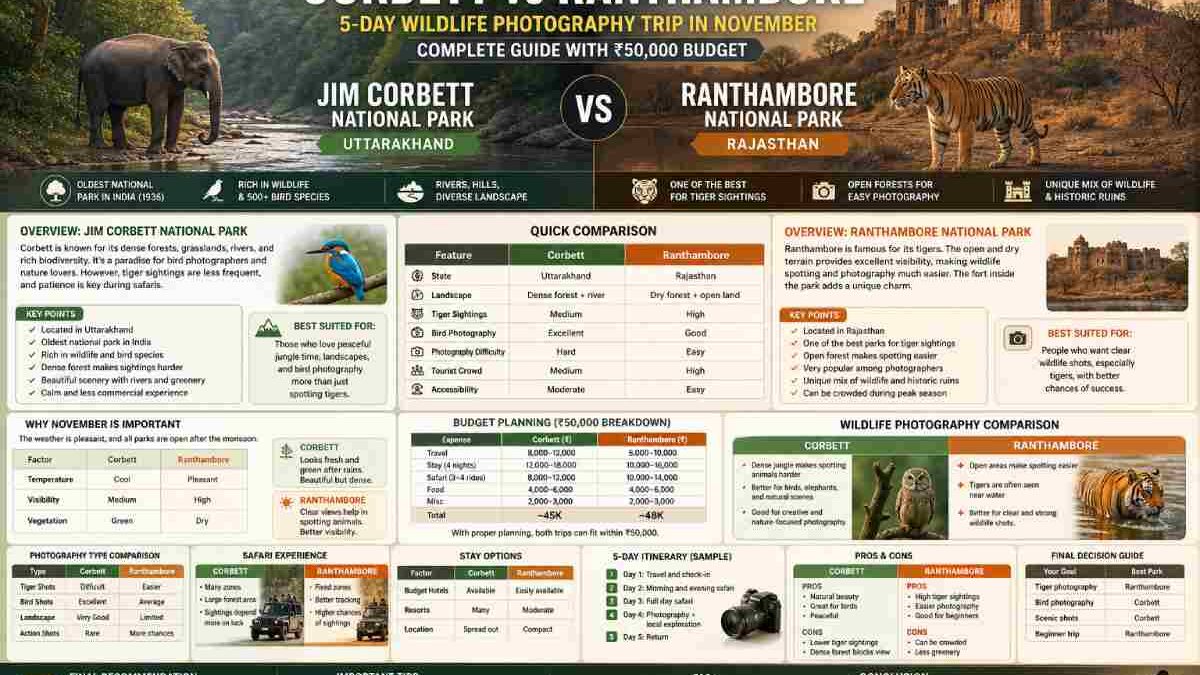 Corbett vs Ranthambore for Wildlife Photography in India (5 Days, ₹50K Budget – November Guide)
